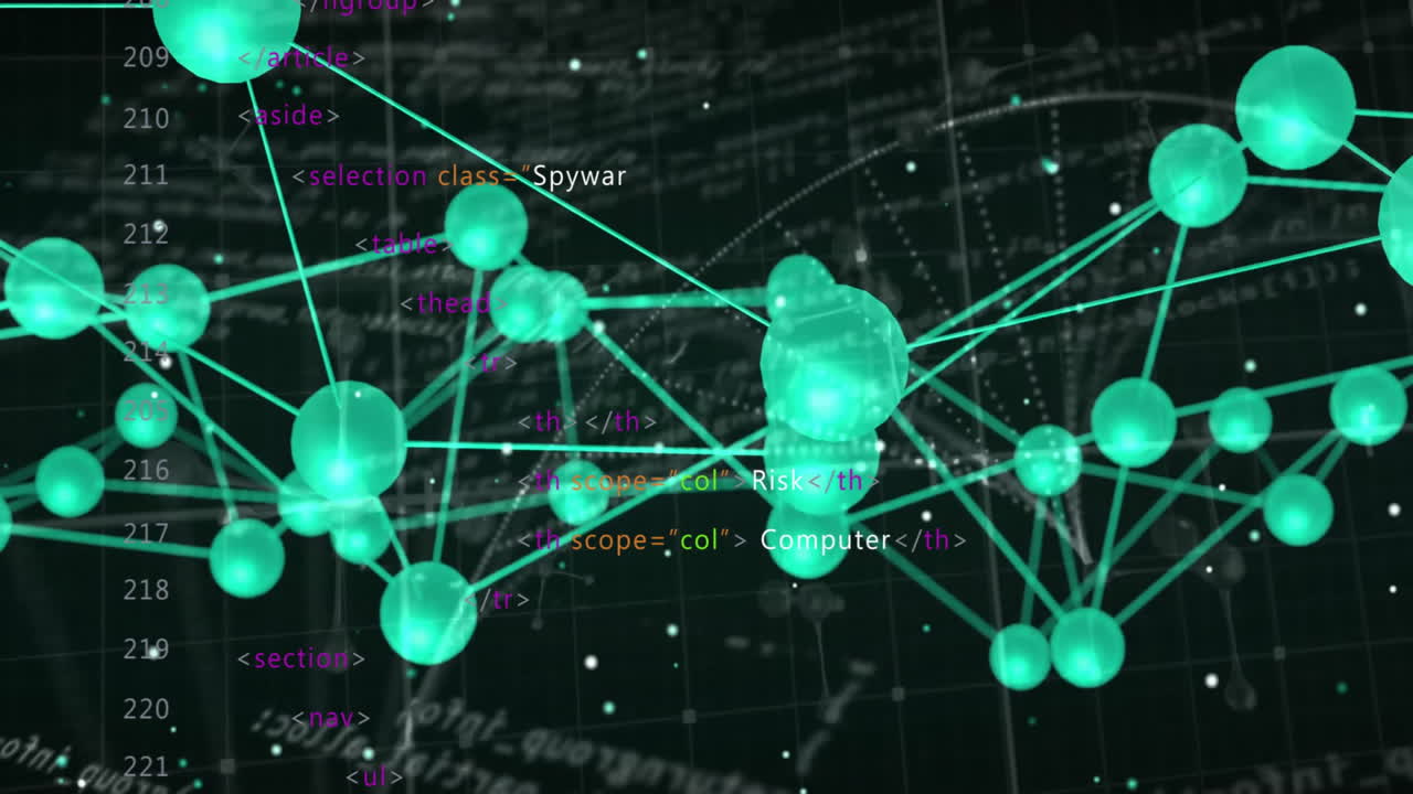 Animation of glowing nodes and lines with computer code in digital network