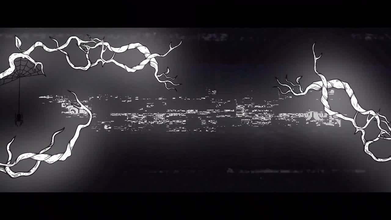 검은색 배경에 할로윈 텍스트와 가지의 애니메이션