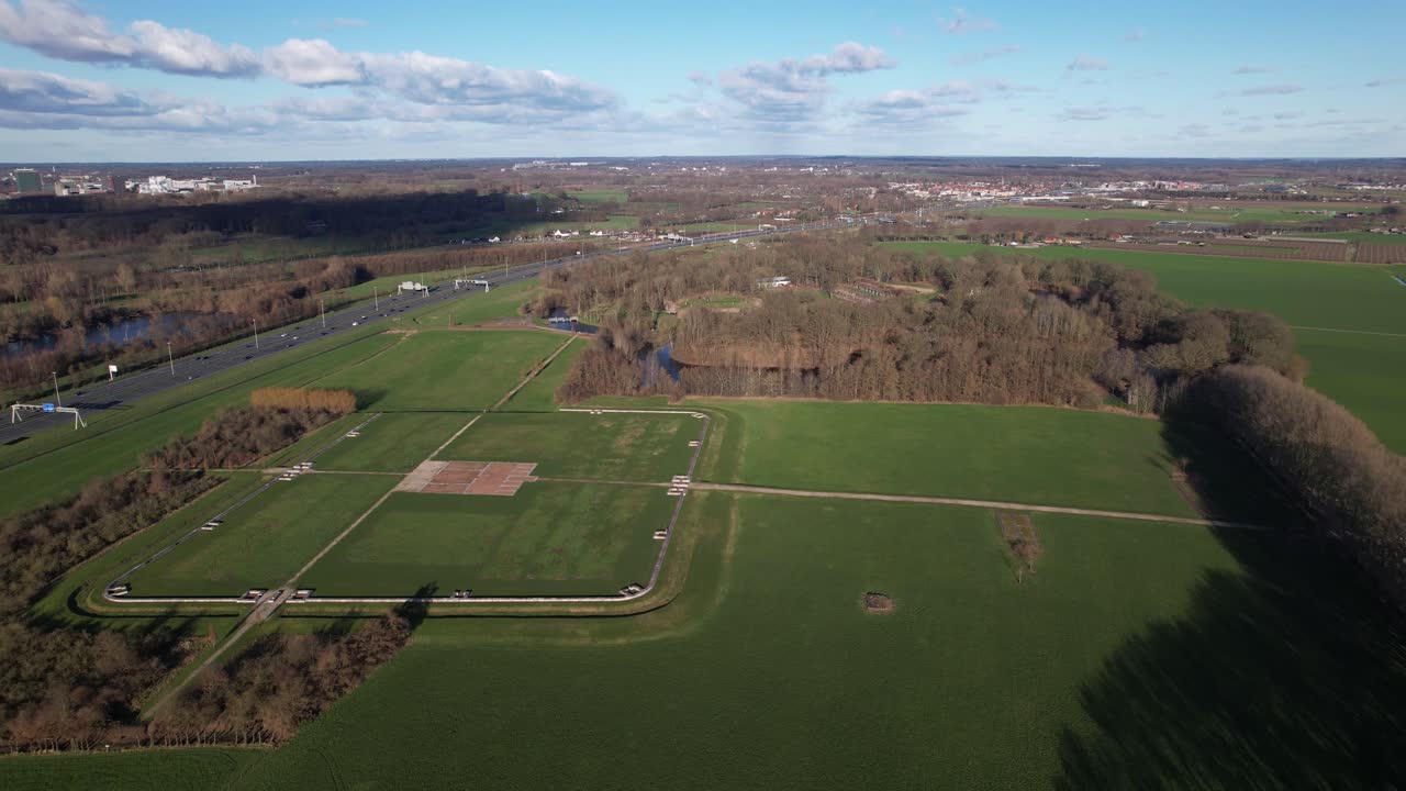 Aerial blueprint view of outlined remains of roman regiment fortification with clear original Waterlinie defense settlement visible
