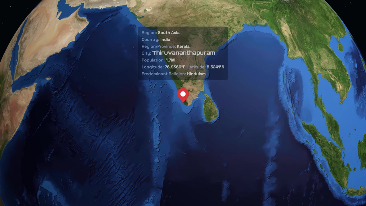 A rotating 3D globe zooms into South Asia, highlighting Thiruvananthapuram with a digital information panel
