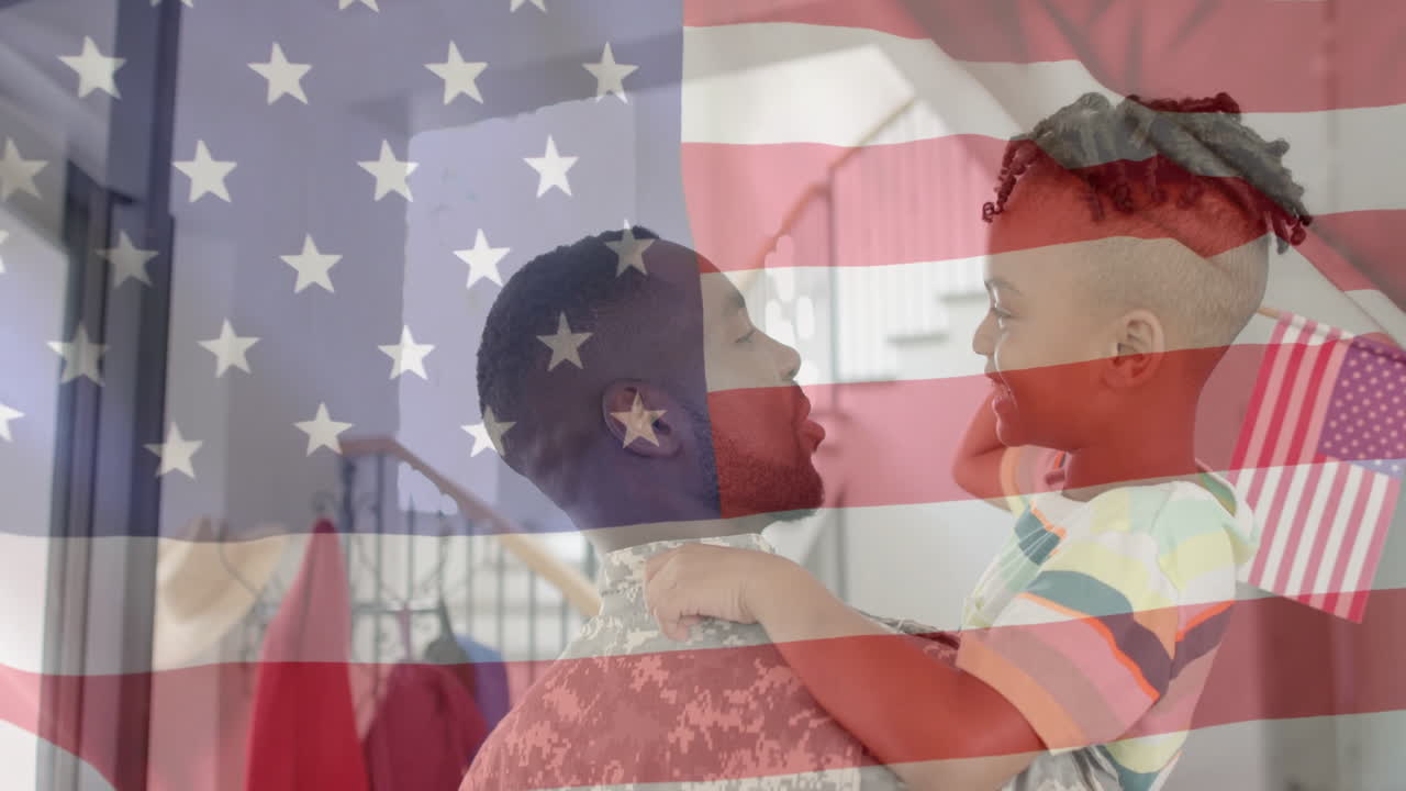 Holding child, military parent with American flag animation in home environment