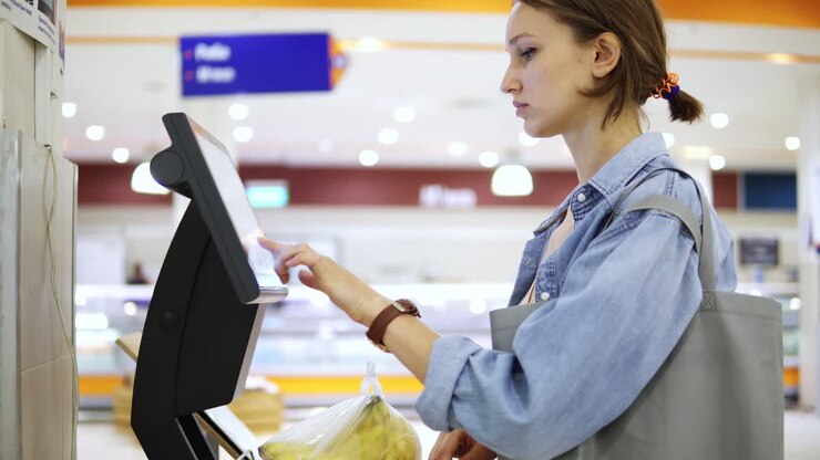 A girl weighs bananas on an electronic scales in a supermarket and puts a sticker with a price. Bananas in a cellophane package. Side view