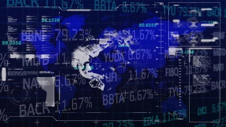 Animation of spinning globe and stock market data processing over world map against blue background