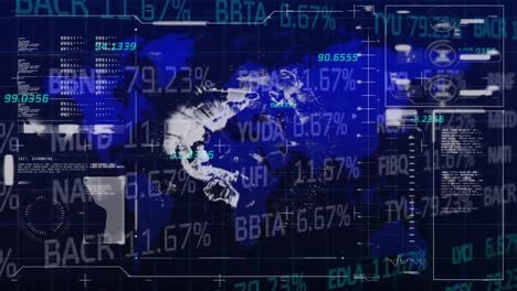 animation of spinning globe and stock market data processing over world map against blue background