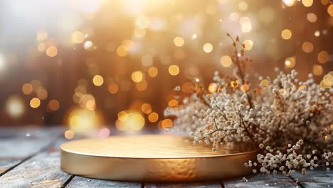 a gold colored object sits on a wooden surface with a bunch of white flowers next to it. the scene has a warm and inviting atmosphere, with the gold object and flowers creating a sense of luxury