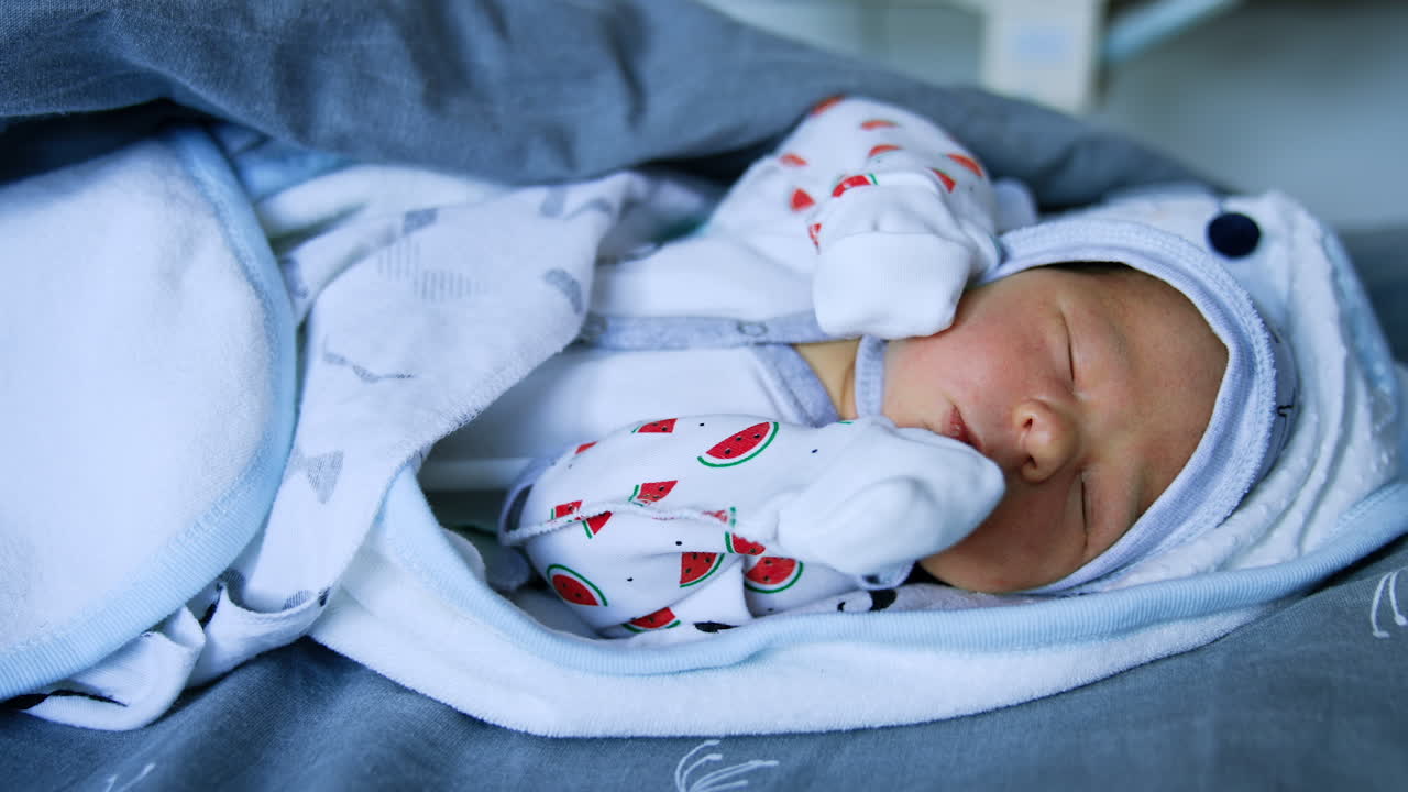 Sweet tiny infant in cap and mittens sleeping. Tiny newborn baby boy in blankets on bed. Close up.