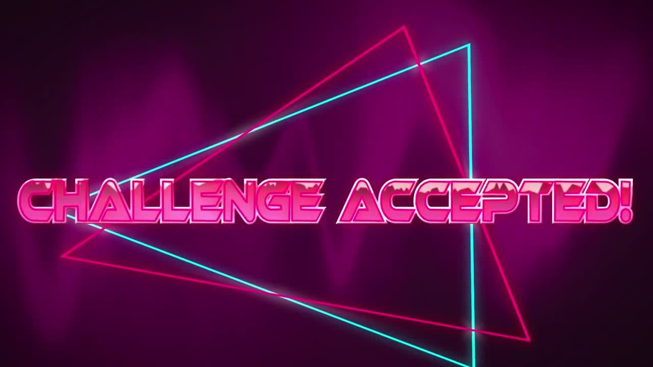 Animation of illuminated challenge accepted text and triangular shapes on purple background