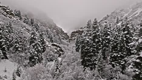 aerial over incredible winter landscape covered in snow in provo utah rock canyon