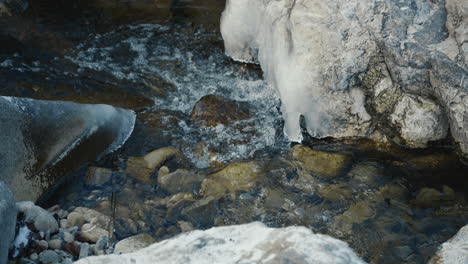 Pequeño-Flujo-De-Agua-Entre-Piedras-En-Un-Río-Congelado,-Cierre,-Cámara-Lenta