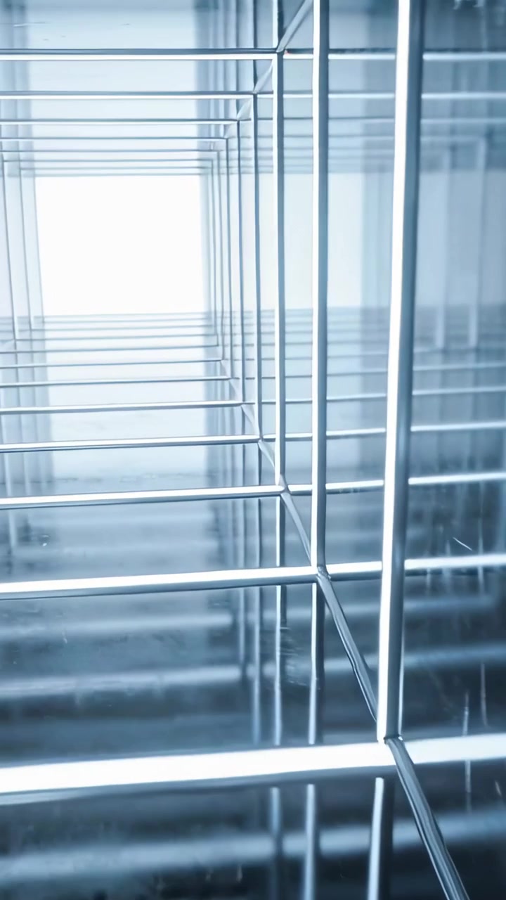 Vertikal video: Kamera trækker sig tilbage, bevæger sig til venstre inde i en spejlskakt, afslører metalgitre.