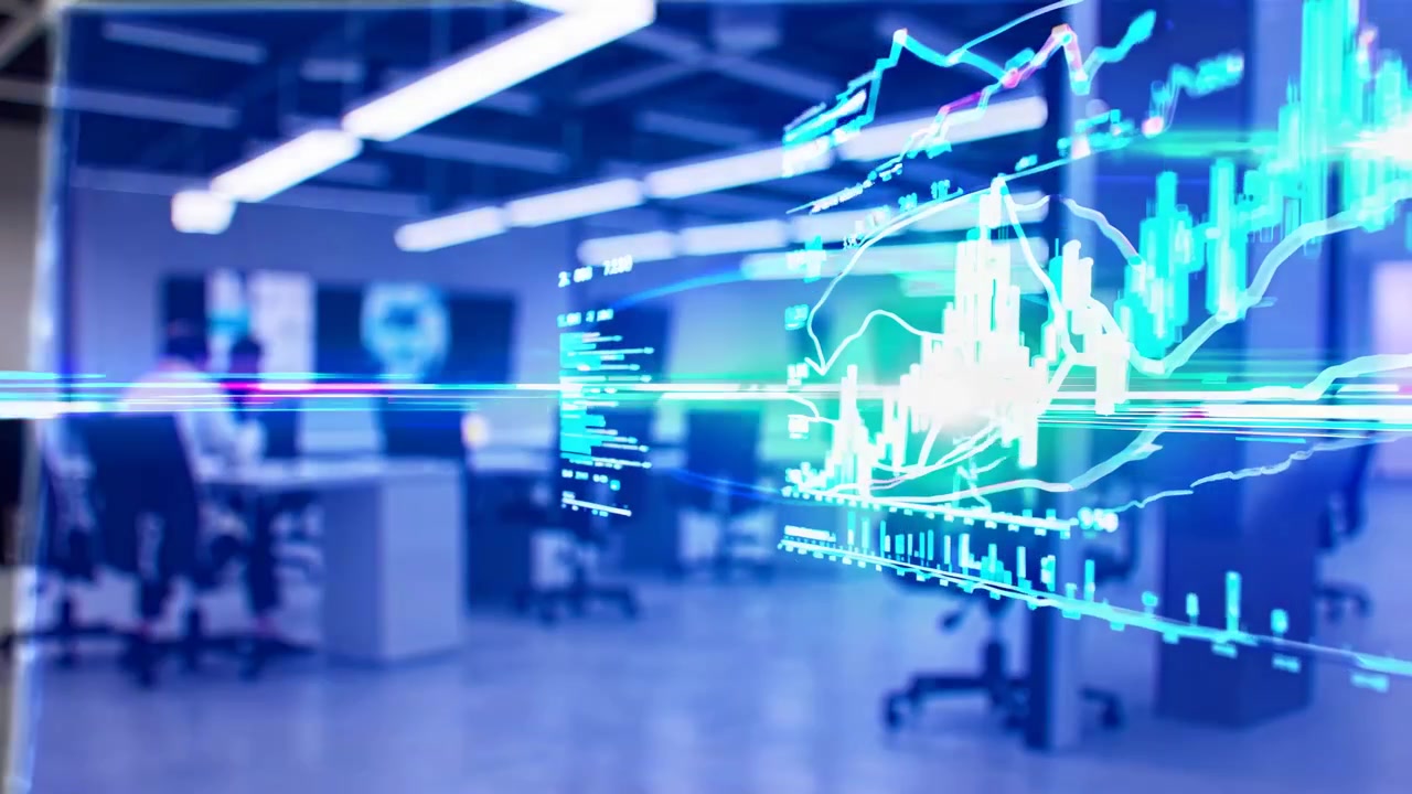 Financial Data Visualization Overlaid in Modern Office Workspace