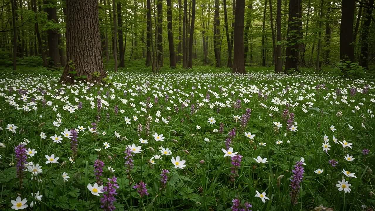 A Serene Forest Meadow Blanketed with Delicate Wildflowers Under a Canopy of Verdant Trees, Showcasing Nature's Vibrant Beauty in the Heart of Spring
