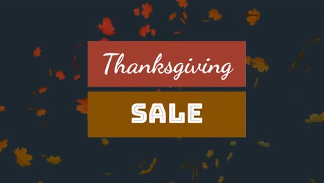 Thanksgiving-sale-text-banner-over-multiple-autumn-maples-leaves-falling-against-blue-background