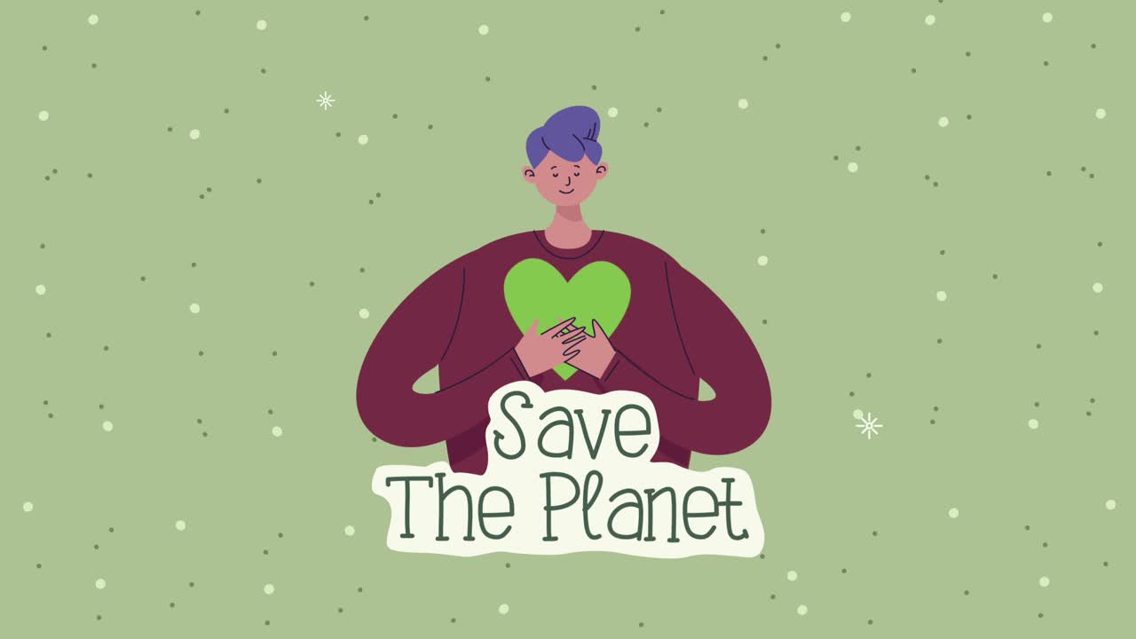 save the planet lettering with man lifting heart