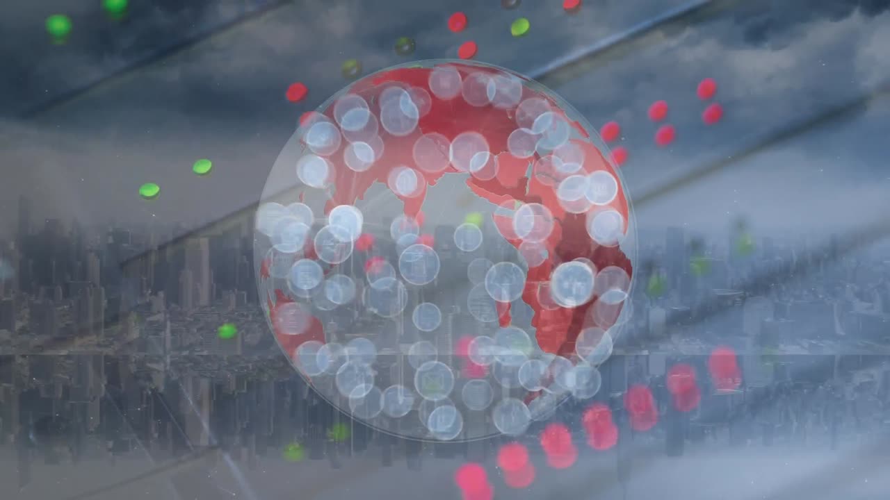 도시 풍경 위에 지구와 아이콘으로 연결된 네트워크의 애니메이션