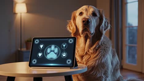 golden retriever and tablet with digital paw print