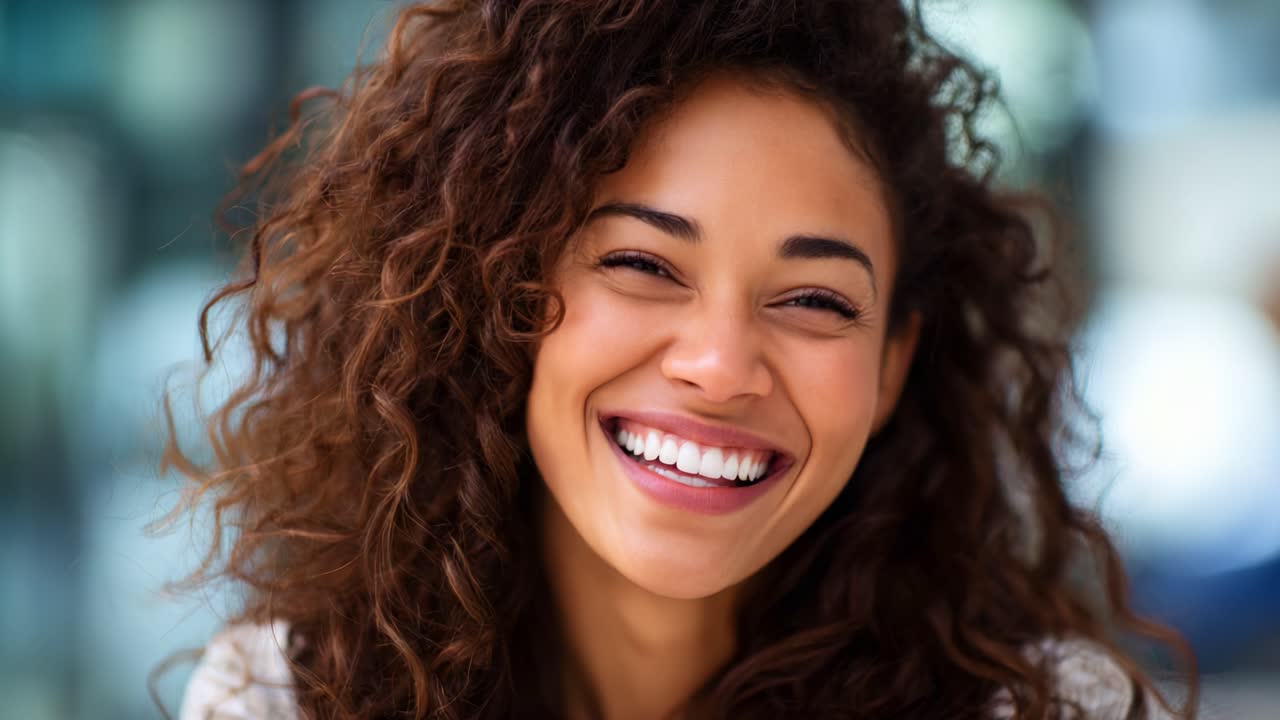 Catturare la gioia: una donna sorridente con splendidi capelli ricci che irradia felicità ed energia positiva in due immagini di un momento vibrante ed edificante