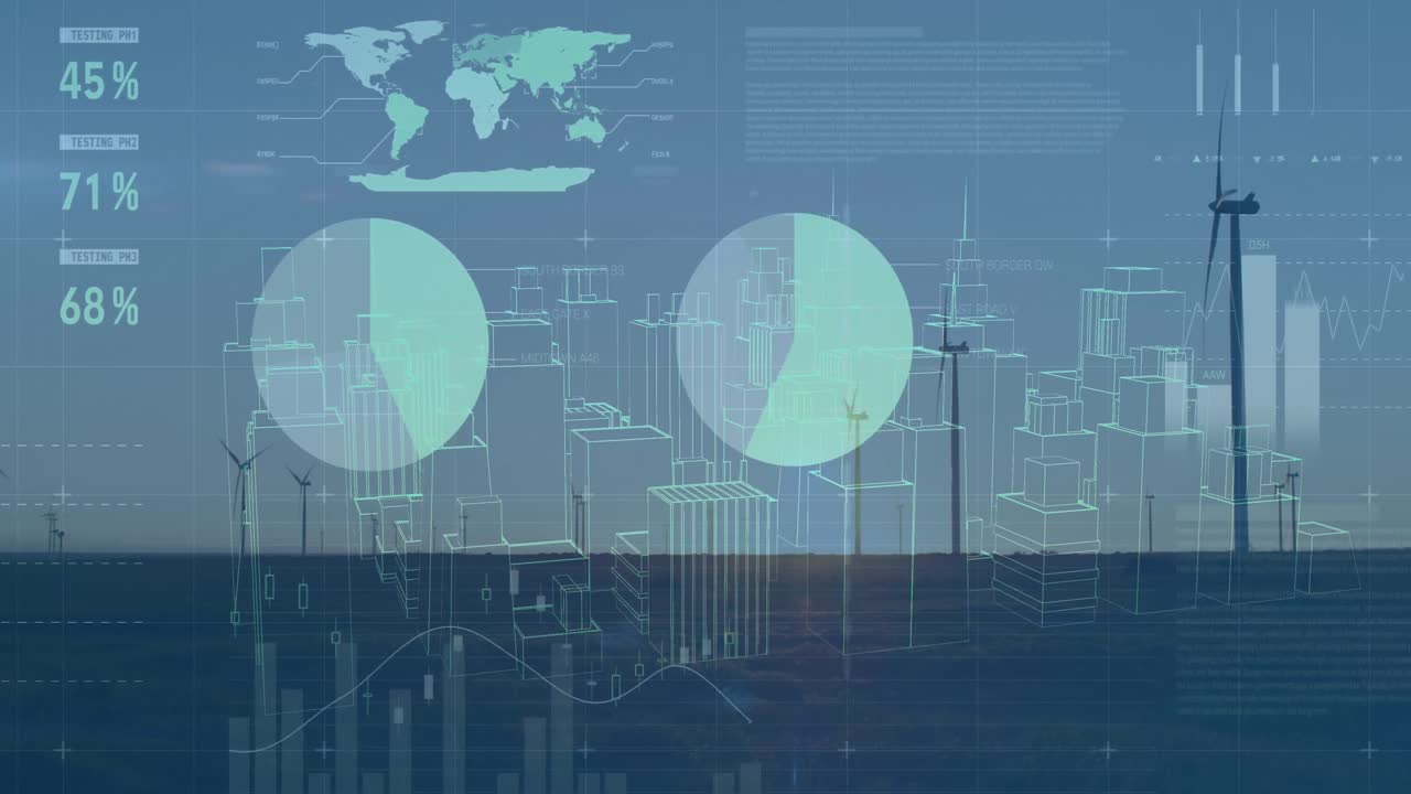 animación del procesamiento de datos sobre turbinas eólicas