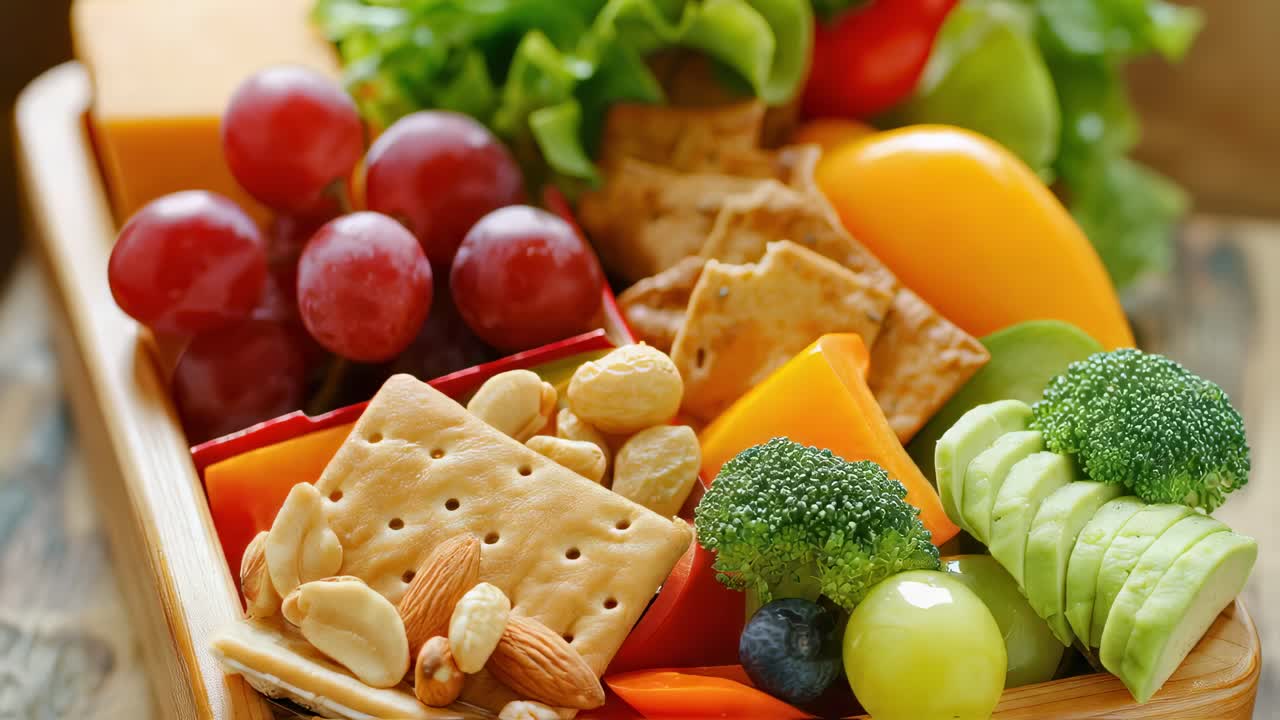 Colorful fruits, vegetables, crackers, nuts, cheese spread across rustic wooden board highlighting fresh, healthy eating palette