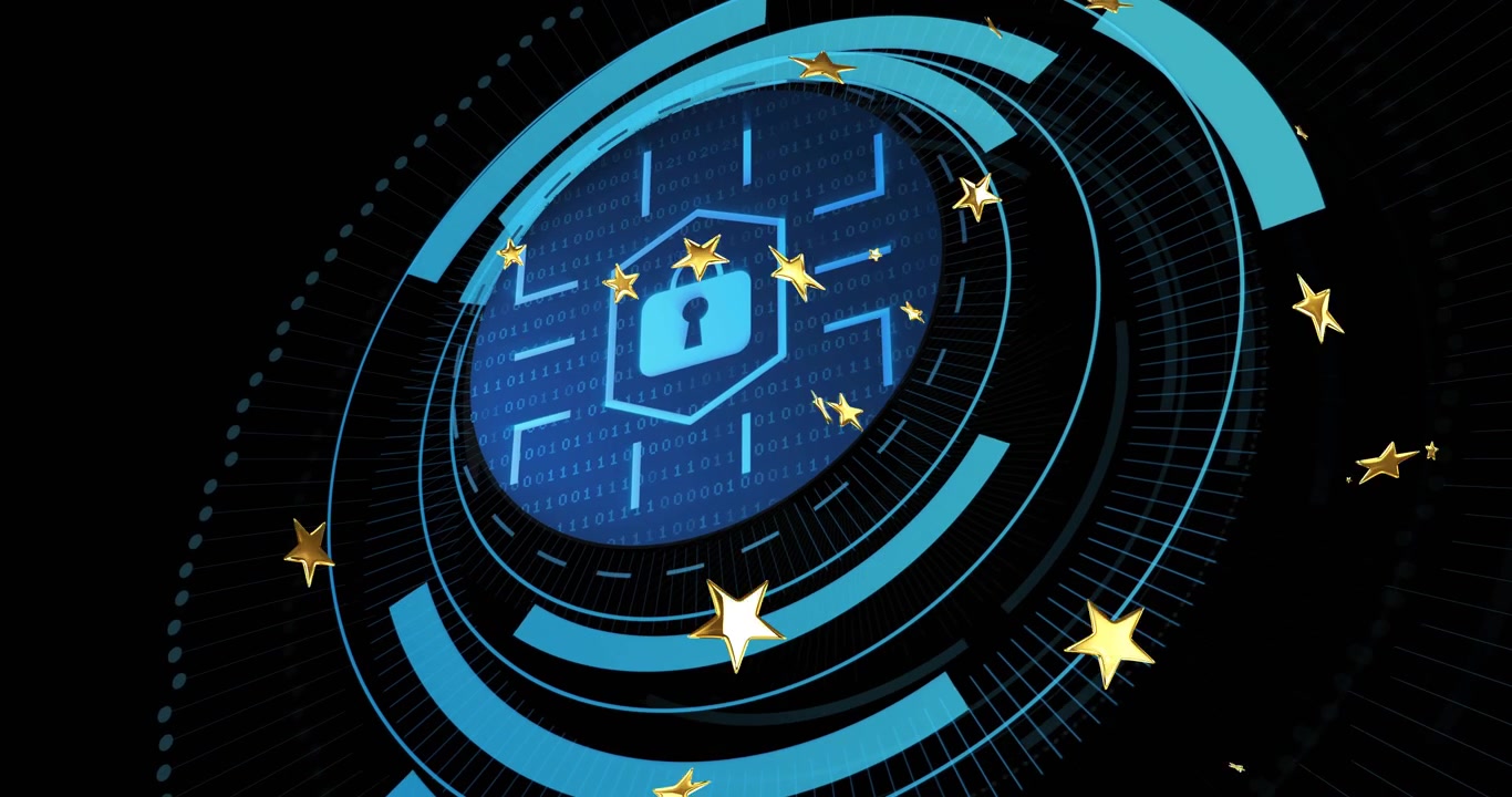 Stars drifting, blue HUD rotating and zooming while rings expanding, revealing padlock for security