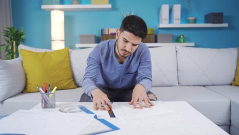 el joven arquitecto está satisfecho y le gustan los dibujos del proyecto de la casa.