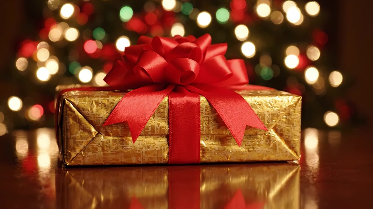 Una scatola regalo splendidamente incartata con un fiocco rosso, perfettamente posizionata contro uno sfondo di albero di Natale festivo illuminato da luci bokeh soffuse