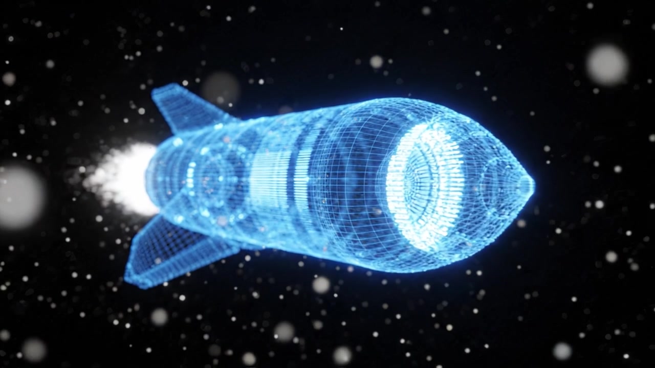 A Stunning 3D Visualization of a Futuristic Rocket in Space, Capturing the Motion and Design of Advanced Technology Against a Starry Background