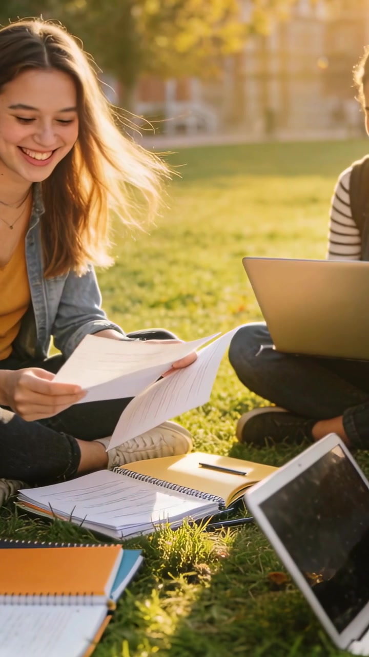 Video verticale: Individuando una riga, studente in jeans che si gira, mostra documenti e condivide appunti sull'erba.