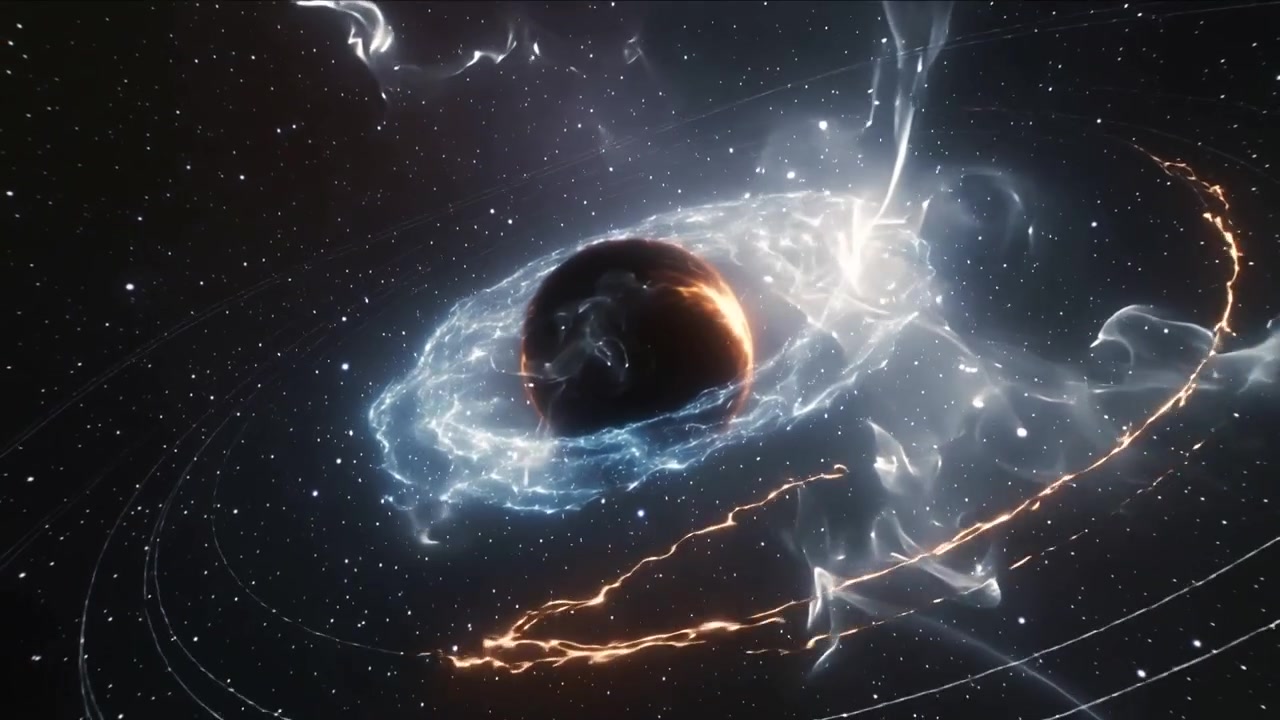 Ispessimento dell'anello che provoca la piegatura di un filamento di plasma attorno a un nucleo centrale nello spazio, con un arco arancione in orbita.
