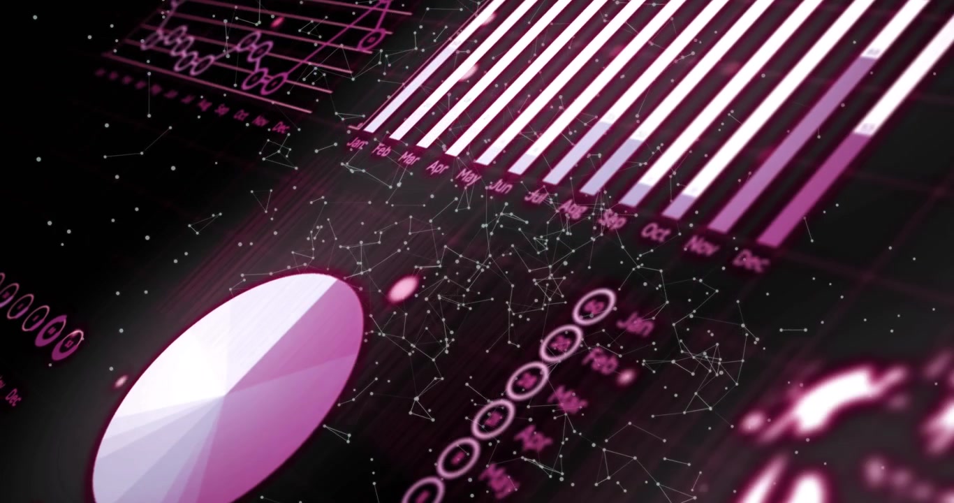Animation of statistical data processing and network of connections against black background
