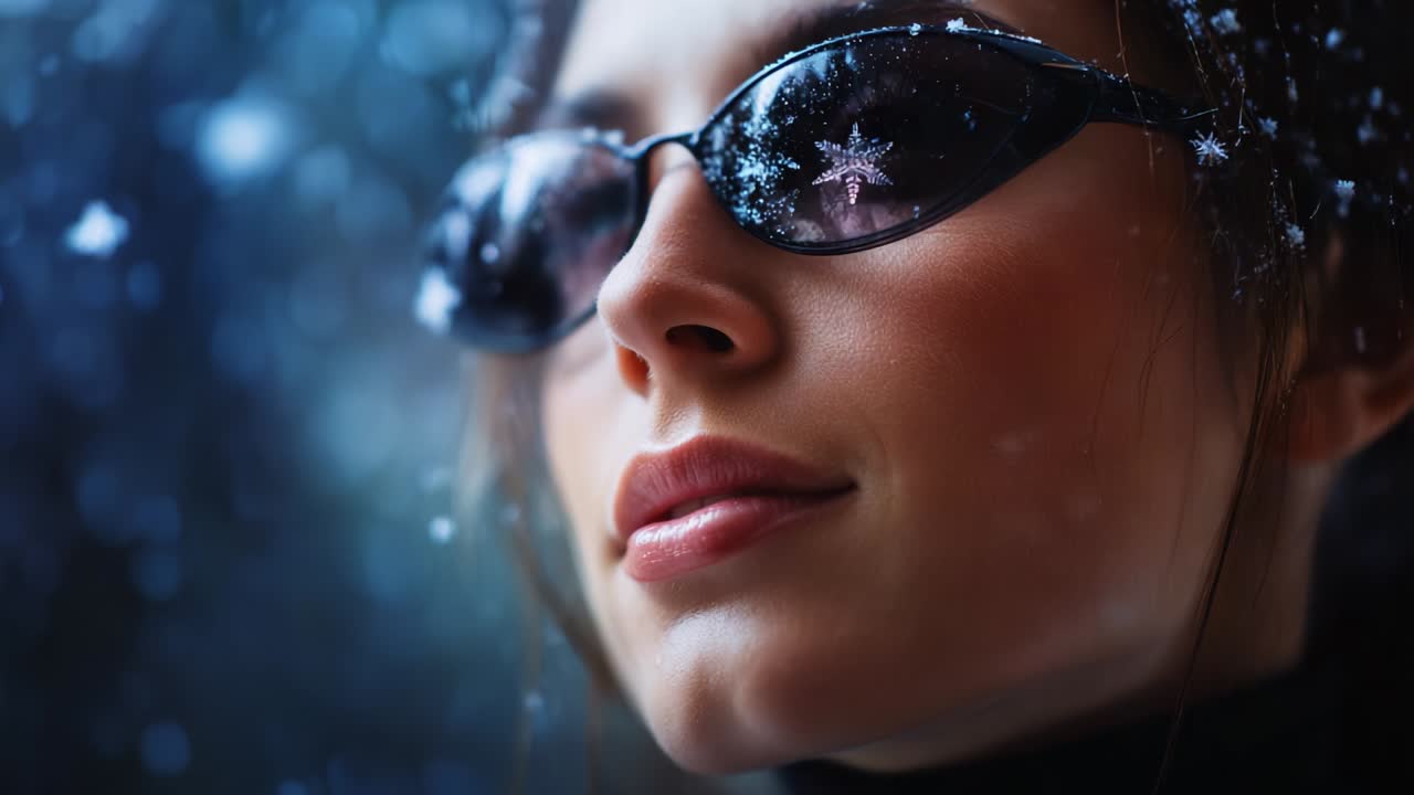 A Winter Wonderland Reflected: A Close-up of a Woman in Sunglasses Gazing into a Snowy Landscape with Snowflakes Cascading Around Her, Creating a Magical and Dreamy Atmosphere
