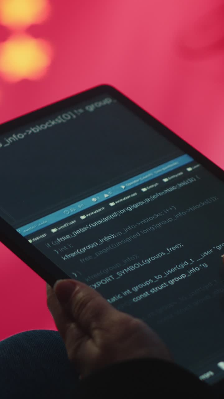 Close-up of Hands Scrolling Programming Code on a Digital Tablet
