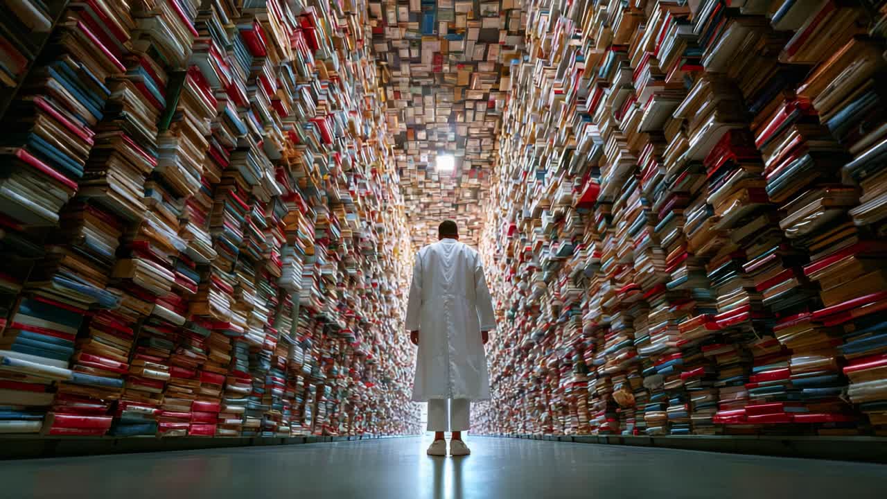 A solitary figure stands in a grand library, surrounded by towering shelves filled with countless books, creating an awe-inspiring atmosphere of knowledge and exploration