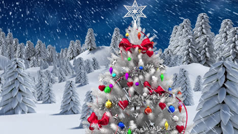 Animation-of-snow-falling-over-christmas-tree-and-winter-scenery