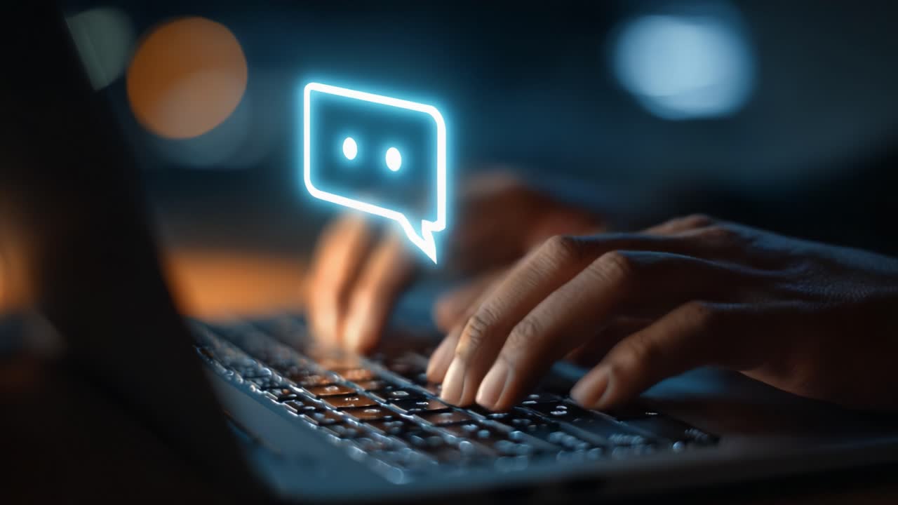 Engaging in Digital Conversations: A Glimpse into the Art of Online Communication Through a Keyboard and Messaging Icon at Night