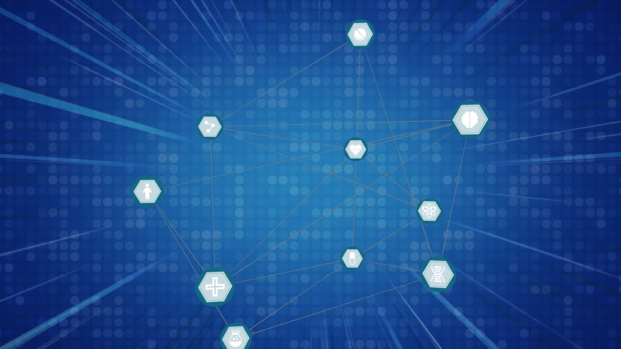 red de iconos digitales contra rastros de luz y cuadrados de mosaico sobre fondo azul