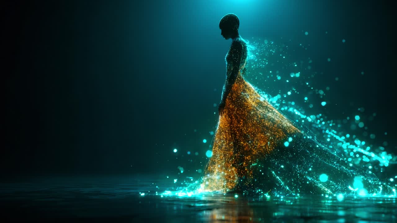 Uma silhueta hipnotizante de uma figura adornada com um vestido esvoaçante, feito de partículas brilhantes e luz etérea, movendo-se graciosamente em um espaço escuro rico em dinâmica visual.