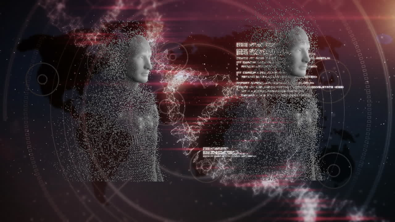 animación de la cadena de adn que gira sobre el procesamiento de datos y los cuerpos humanos