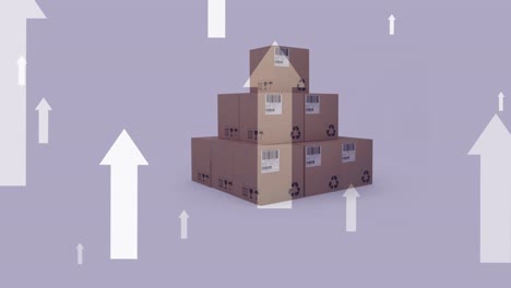 animation of arrows pointing up over stack of boxes on purple background