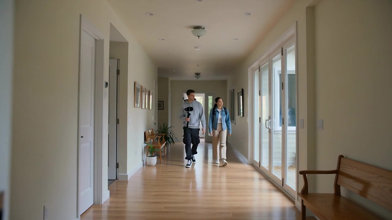 Coppia adulta che entra nel corridoio e cammina verso la telecamera, l'uomo che trasporta un gimbal portatile e sta filmando.