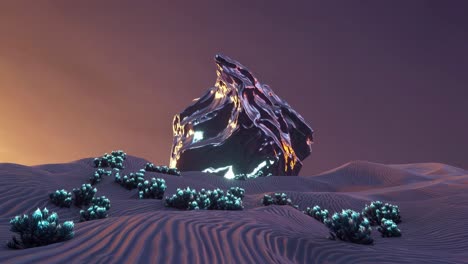 otherworldly desert landscape with glowing rock formation