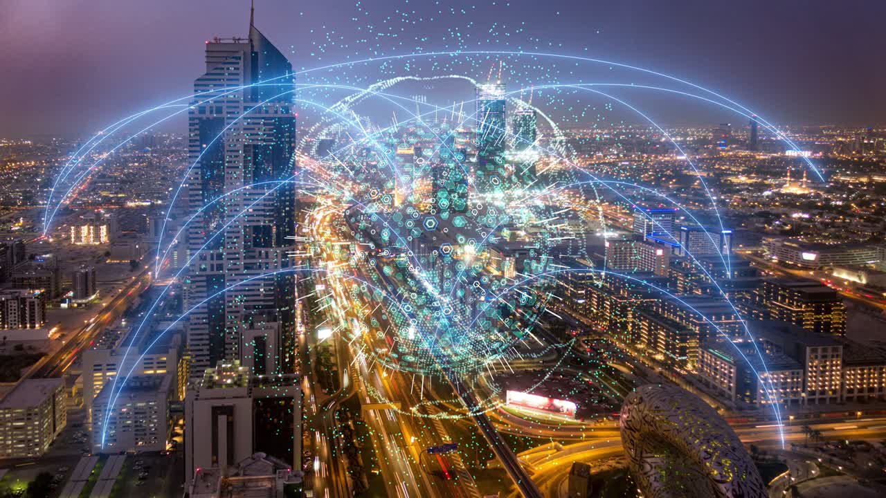 Smart City Aerial Drone Footage Hologram Information Arches Forming During Network Communication Futuristic Network and Technology 5G Drone Low Light 4k. Video loop, time lapse, Dubai UAE aerial view