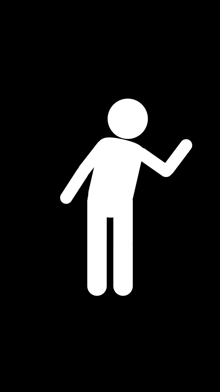 Une animation de bonhomme allumette blanc salue et fait signe sur un fond vertical noir uni.