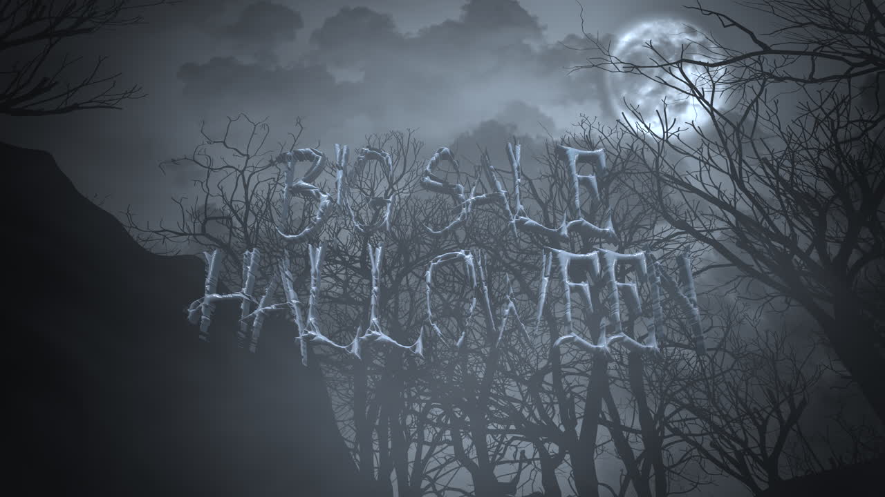 gran venta de halloween con bosque místico y luna en la noche