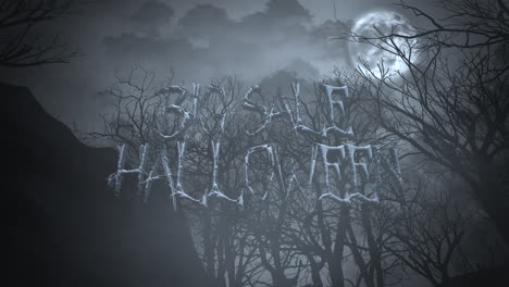 grande venda de halloween com floresta mística e lua à noite