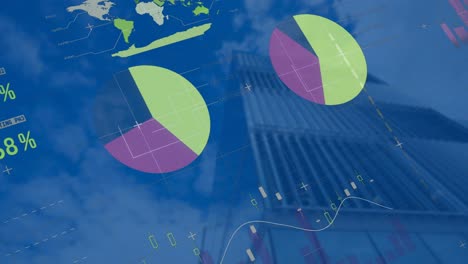 animation of statistical data processing against low angle view of tall building