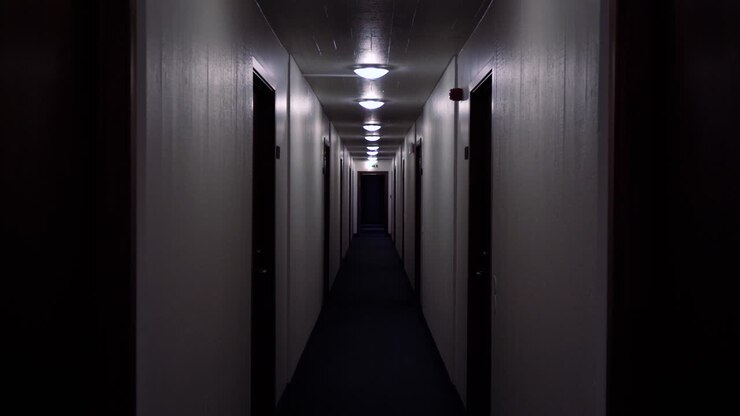Dolly down a creepy lit hallway