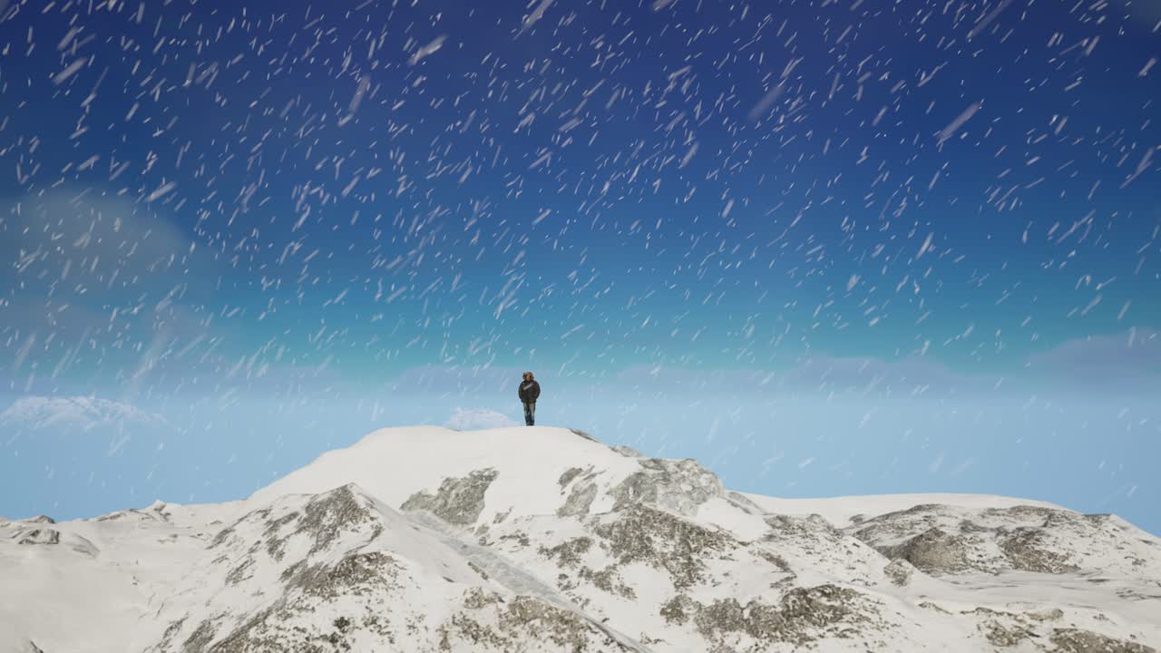 눈 인 산 꼭대기에 서 있는 사람. 추운 눈이 쌓인 풍경, 공중 풍경, 비현실적인 4k 스크린