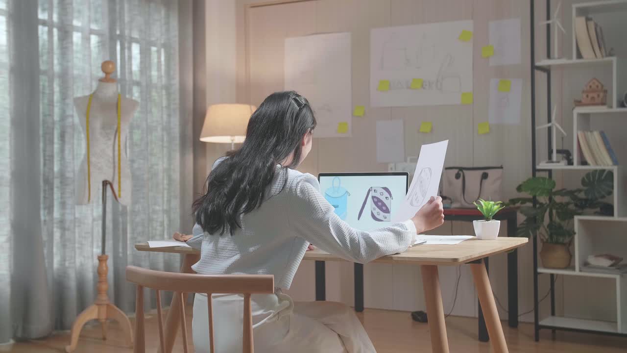 사무실에서 가방을 디자인하는 데 노트북을 사용하는 동안 레이아웃 본드를 보는 직물과 함께 여성 가방 디자이너의 뒷면