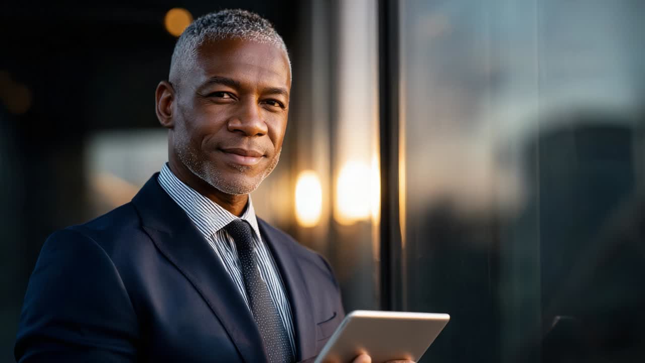 A Professional Man in a Suit Standing by a Window, Holding a Tablet and Smiling, with a Soft Warm Light Illuminating His Face, Exuding Confidence and Approachability in a Modern Business Setting